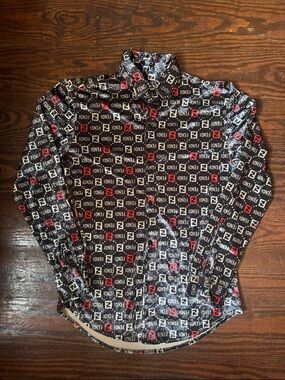 Vintage Black Logo-Print Long-Sleeve Button-Down Velvet Shirt